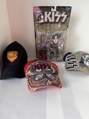 Kiss Multi-Style Caps with Kiss Action Figure - Black, Red, Tan, Cream